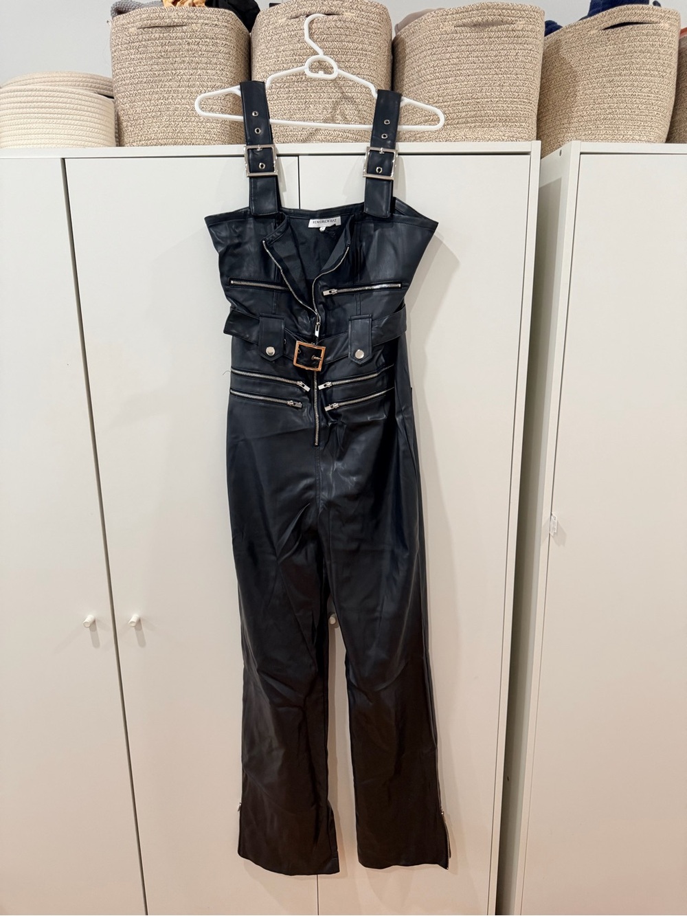 WeWoreWhat Black Faux Leather Overall Jumpsuit with Buckle Detail